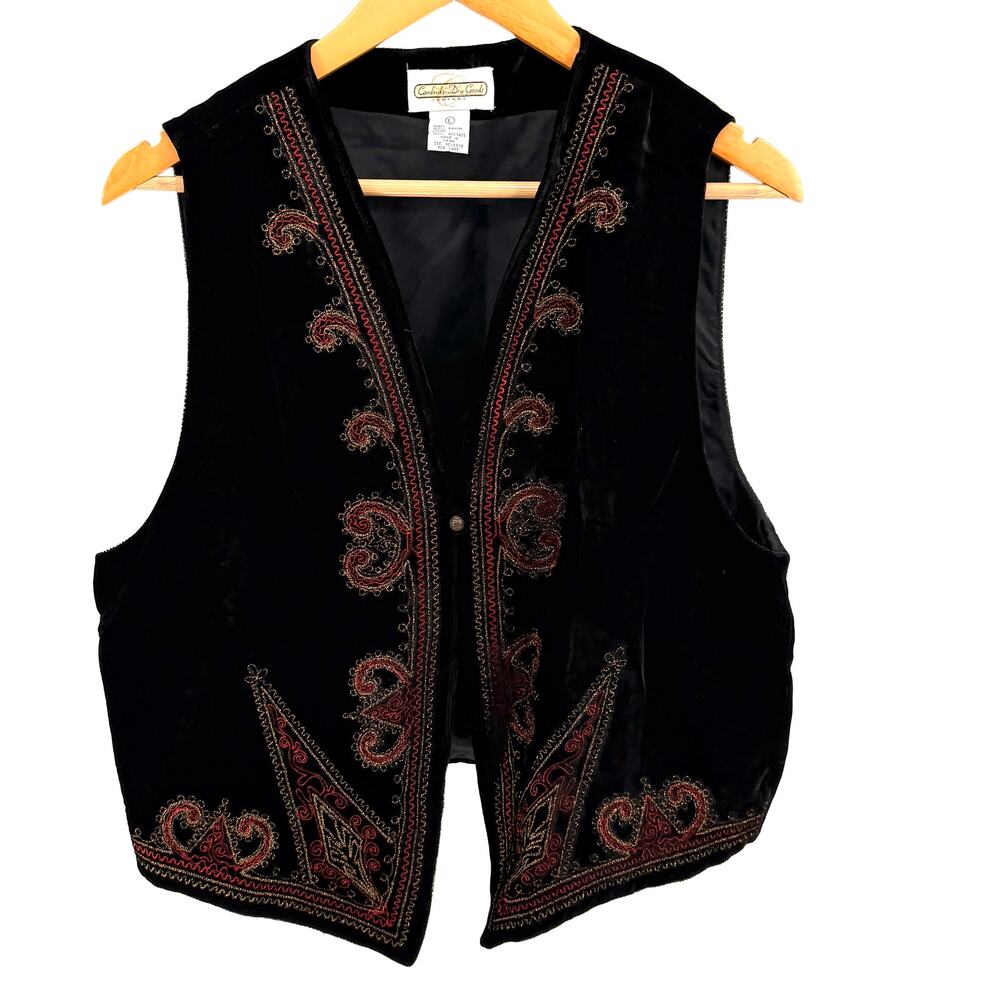Vintage 90s Cambridge Dry Goods Black Velvet Red Gold Embroidered Waistcoat Vest
